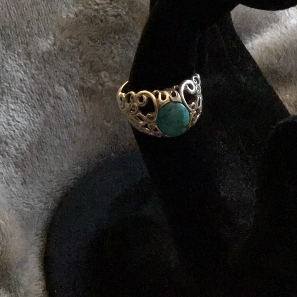 Genuine Turquoise & .925 Sterling Silver Scroll Ring Size 10 - Picture 7 of 8